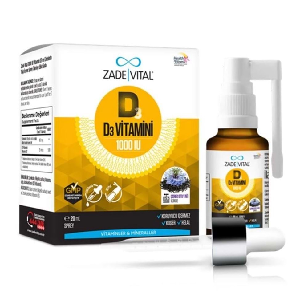 ZADE VİTAL VİTAMİN D3 1000 IU 20 ML SPREY ( DAMLALIKLI )