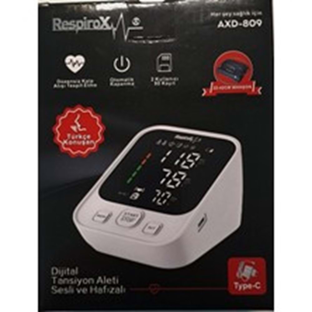 RESPİROX OTOMATİK KONUŞAN DİJİTAL TANSİYON ALETİ KOLDAN ADAPTÖRLÜ AXD-809