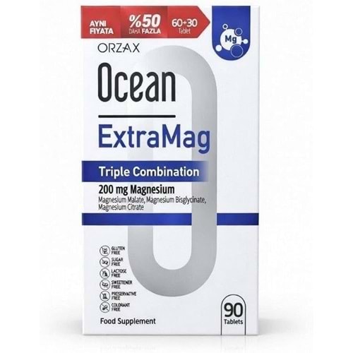 OCEAN EXTRAMAG MAGNEZYUM 90 TABLET ÜÇLÜ KOMBİNASYON % 50 DAHA FAZLA ( Magnezyum Malat & Magnezyum Glisanat & Magnezyum Sitrat )