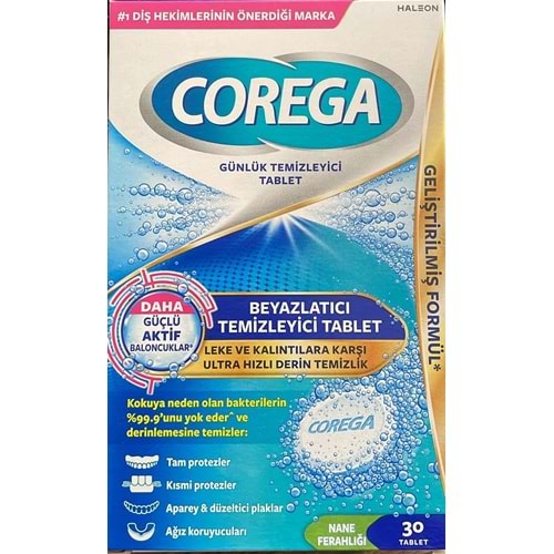COREGA BEYAZLATICI TEMİZLEYİCİ TABLET NANE FERAHLIĞI 30 LU